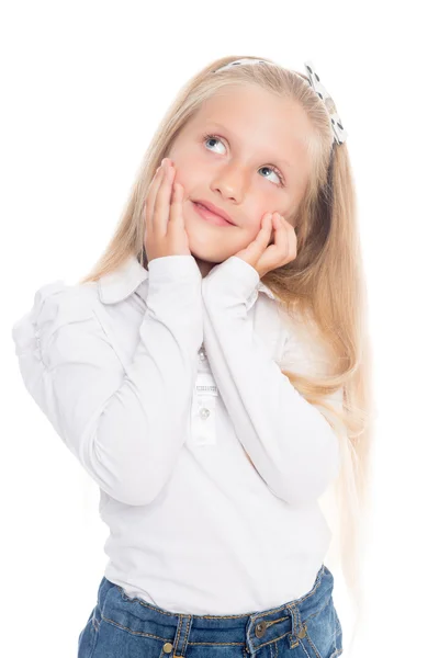 Niña sonriente mirando hacia arriba . — Foto de Stock