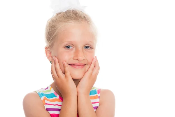 Beautiful blond smiling girl six years. — Stock Photo, Image