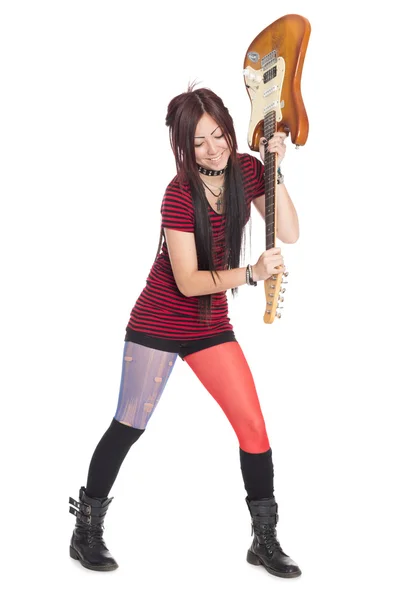 Menina músico quebra guitarra elétrica — Fotografia de Stock