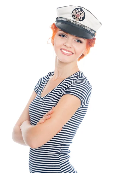 Beautiful Russian girl in a striped dress — Stock Photo, Image