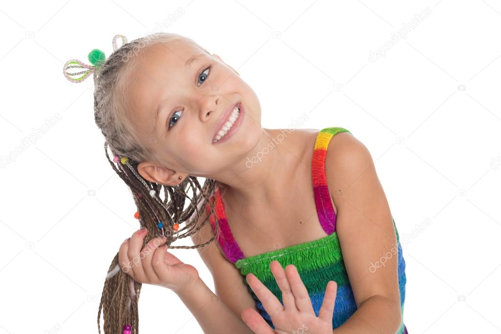 Girl holding hands her dreadlocks