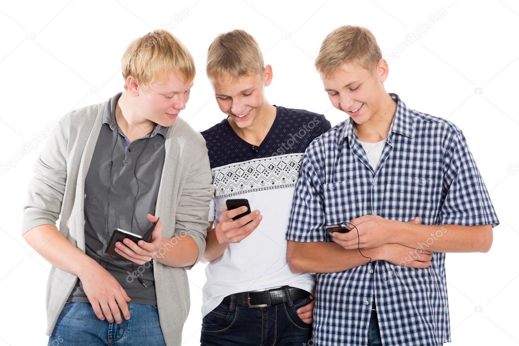 Joyful guys with smartphones 