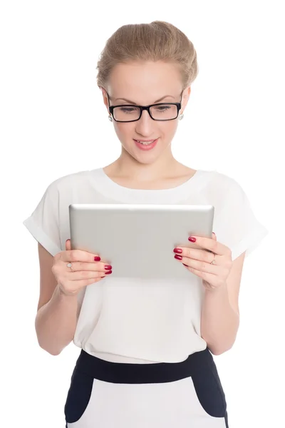 Young business woman uses a tablet PC — Stock Photo, Image