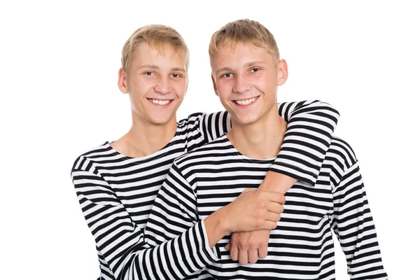 Alegres hermanos gemelos con camisas a rayas — Foto de Stock