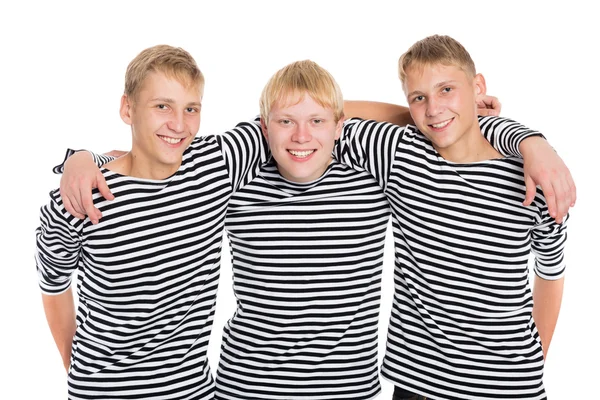 Lachende jongens in striped shirt geïsoleerd op wit — Stockfoto