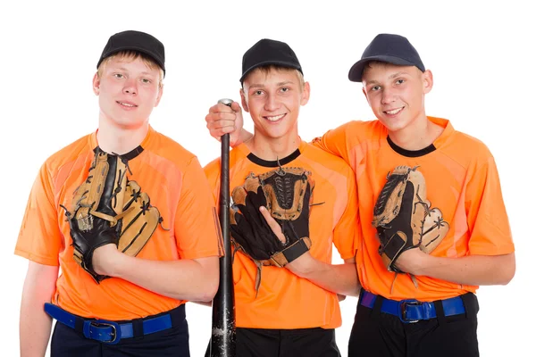 Mladé baseballu hráči s rukavicemi a bat — Stock fotografie