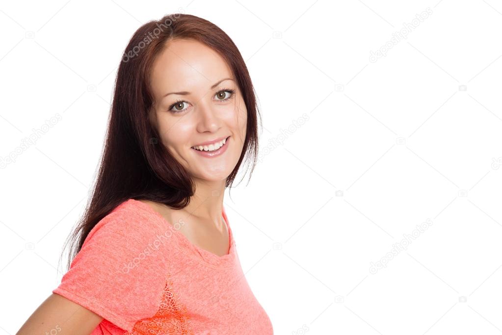 Charming young woman in orange t-shirt