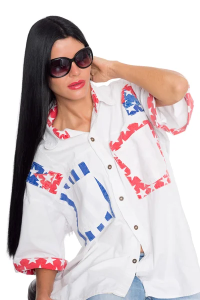 Girl with long black hair in sunglasses — Stock Photo, Image