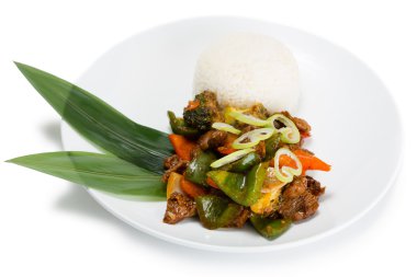 Kavrulmuş et ve sebze ile baharatlı yemek Ricecurry 