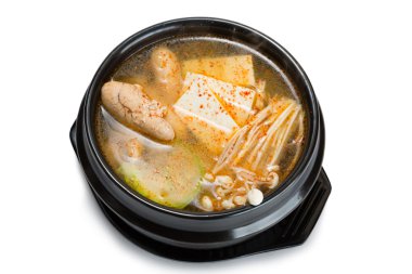 Pollock Karaca çorba, mantar ve soya peyniri