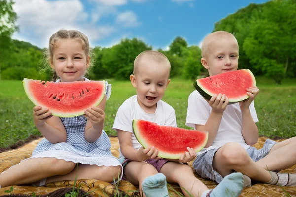 Crianças pequenas comendo melancia — Fotografia de Stock