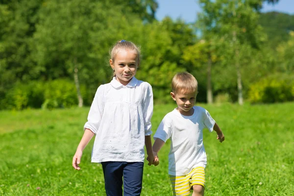 Bror och syster gå på gräset — Stockfoto