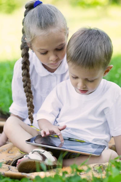 Brother and sister using tablet PC  park — Stock Photo, Image