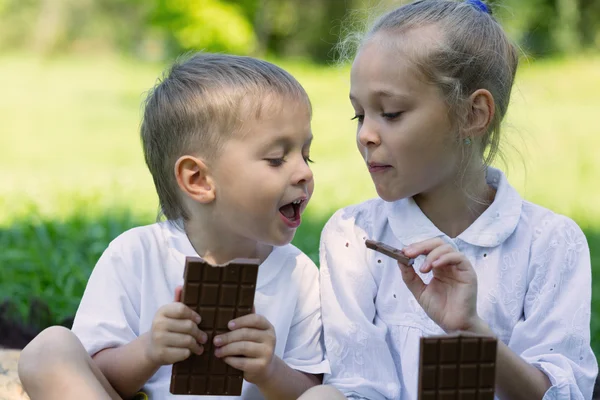 兄と妹が楽しんで食べるチョコレート — ストック写真