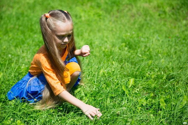 Fille attrape une sauterelle sur la pelouse — Photo