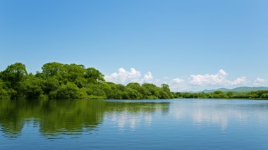 parlak mavi gökyüzü ve bulutlar, nehir yaz yatay