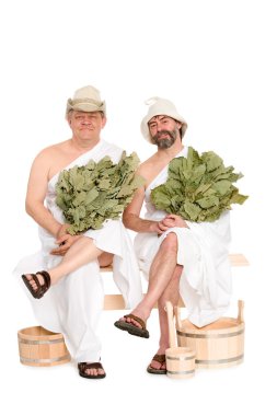Middle-aged men in Russian sauna bathing costumes clipart