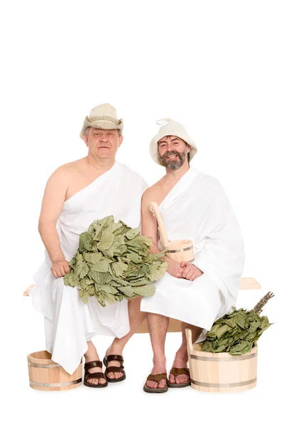 Middle-aged men in Russian sauna bathing costumes — Stock Photo, Image