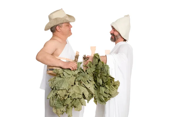 Russian men with oak twigs for the Russian bath — Stock Photo, Image