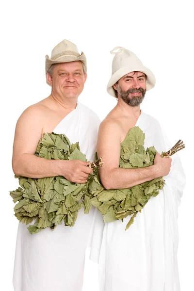 Happy men with oak twigs in bathing costumes — Stock Photo, Image