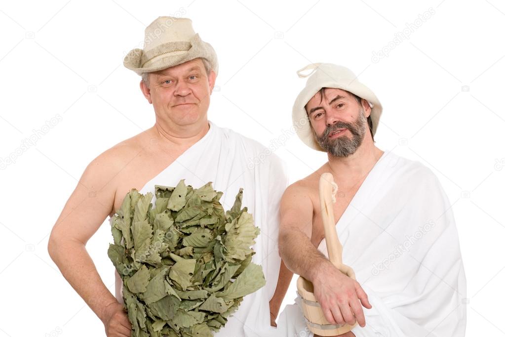 Men in a traditional attire of Russian bath