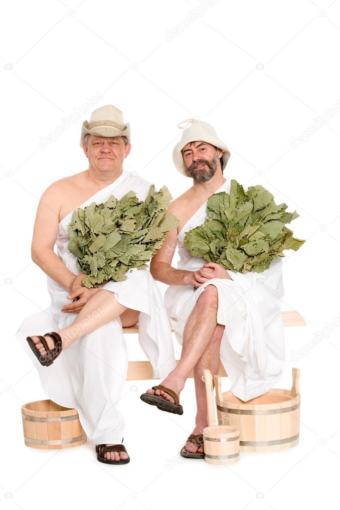 Middle-aged men in Russian sauna bathing costumes