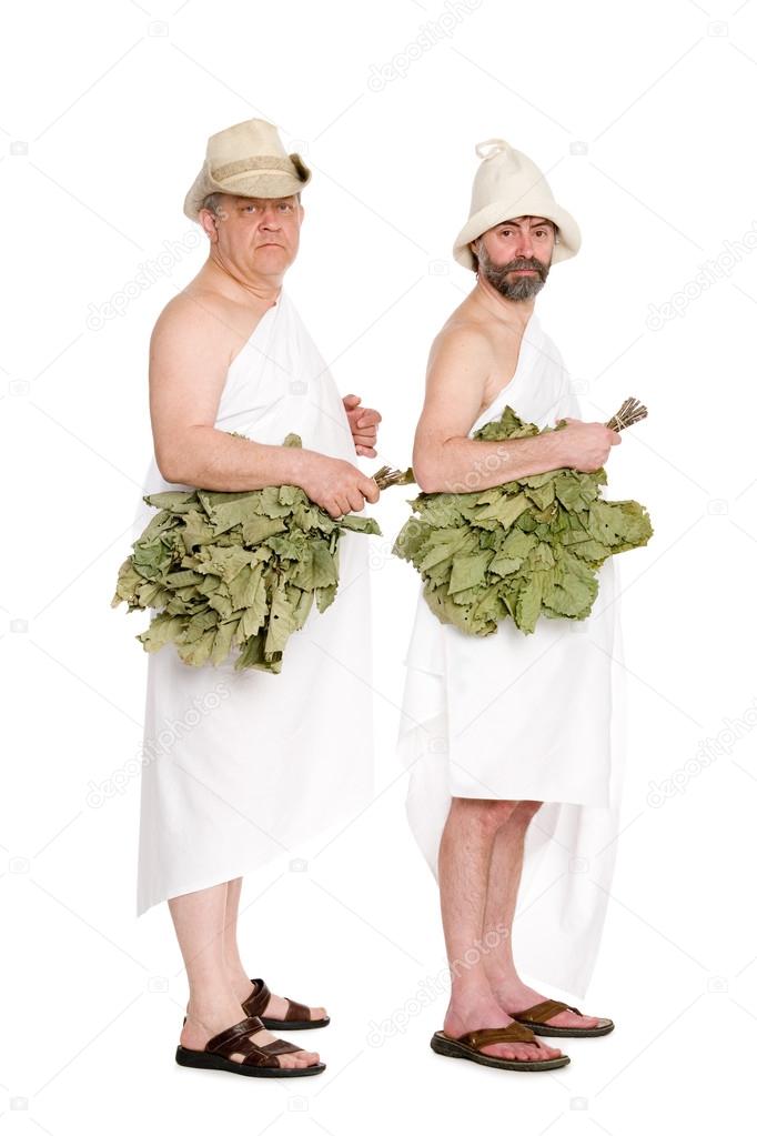 Men with oak twigs for the Russian bath