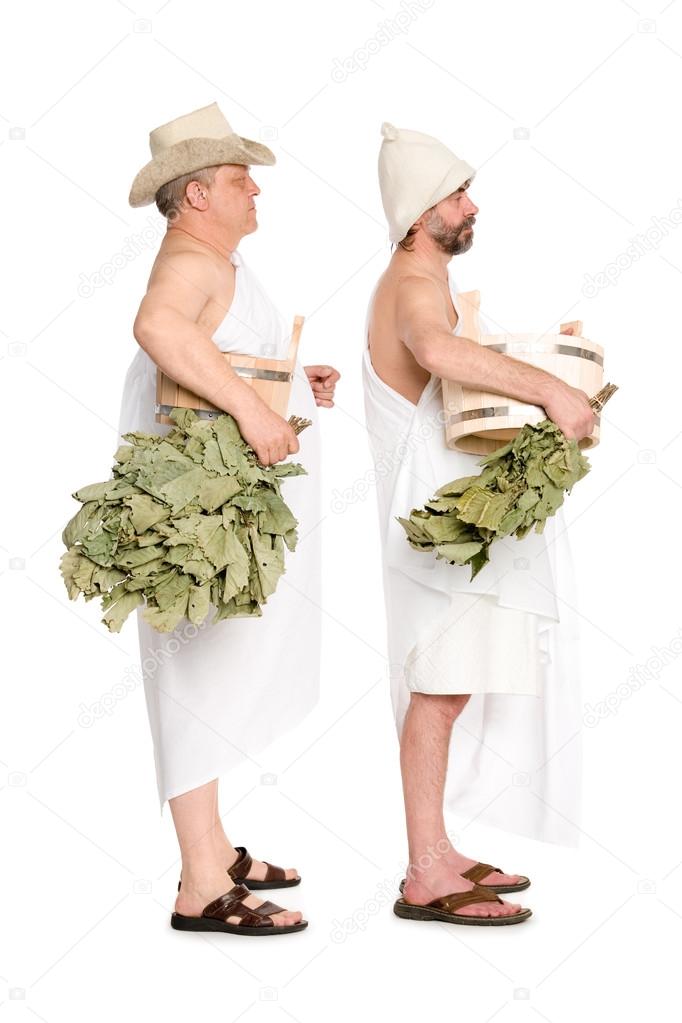 Middle-aged men with oak twigs for the Russian bath