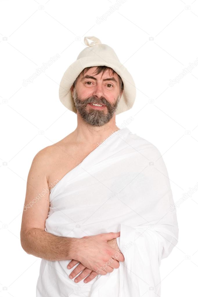 Smiling man of middle-aged men dressed in traditional bath