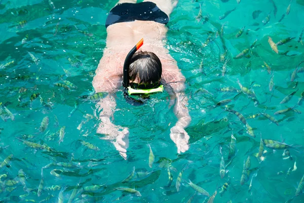 Homem nada entre os peixes na máscara, Mar de Andaman, Tailândia — Fotografia de Stock