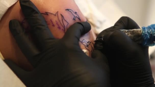 Tattoo artist tracing the image of a bird — Stock Video