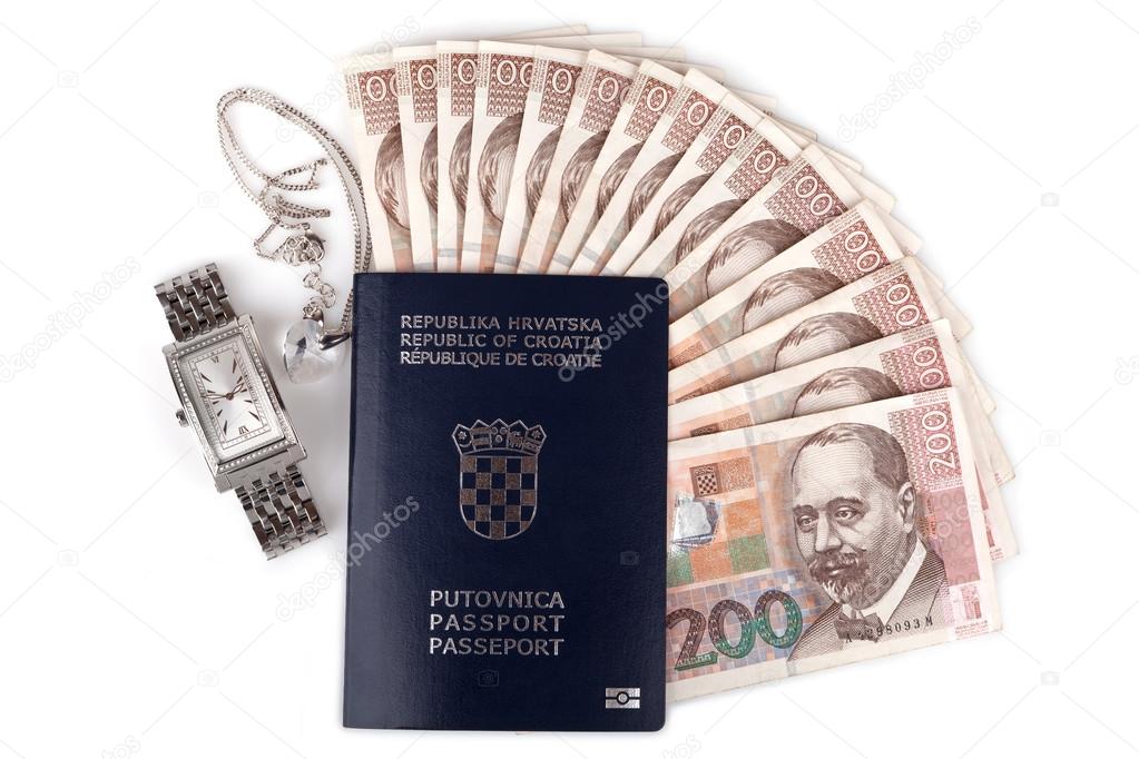 Croatian passport with valuables, isolated on white