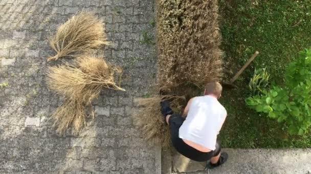 Man aan het werk in de tuin met een bijl — Stockvideo