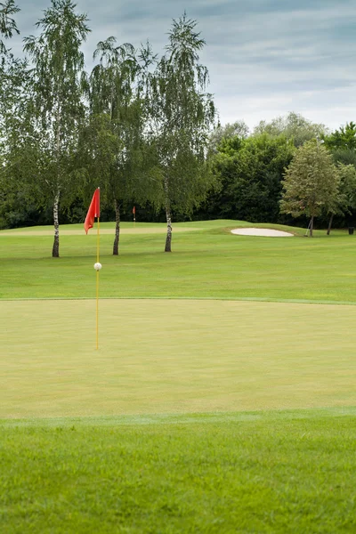 Красный флаг на поле для гольфа, фокус на флаге — стоковое фото