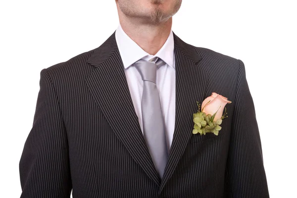 Detail of a groom's necktie and boutonniere — Stock Photo, Image