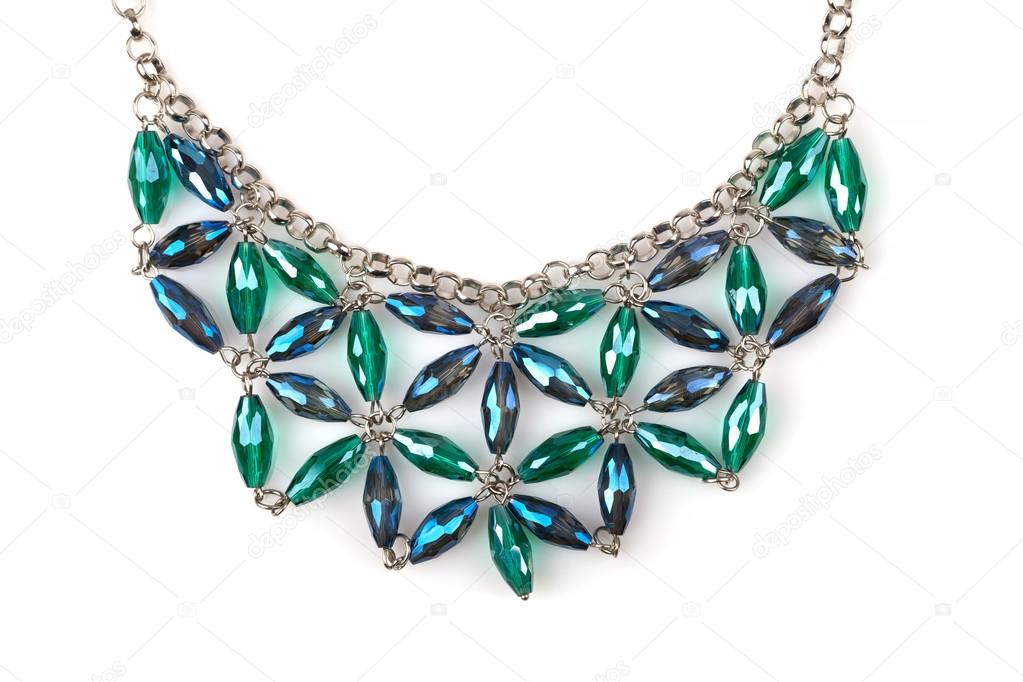 Necklace with blue and green rhinestones