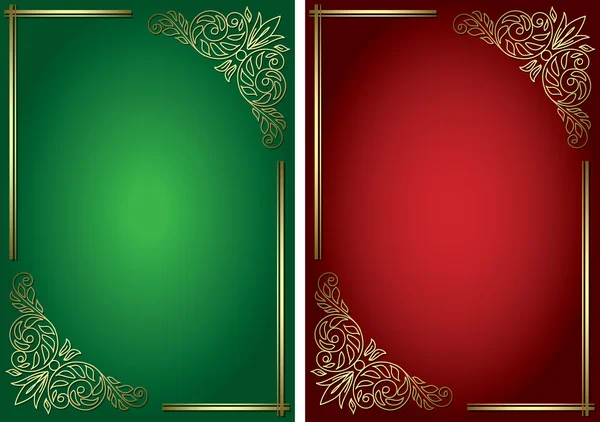 Grüne und rote Hintergründe mit goldenem Dekor - Vektor — Stockvektor