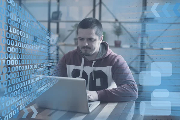 Man with grey laptop — Stock Photo, Image