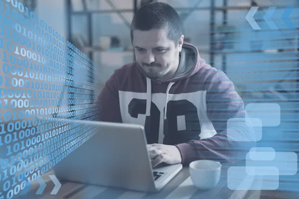 Cup, man, laptop — Stock Photo, Image