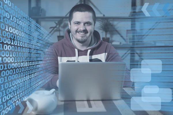 Man is happy and with laptop — Stock Photo, Image