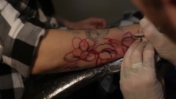 Tattooer works in salon — Stock Video