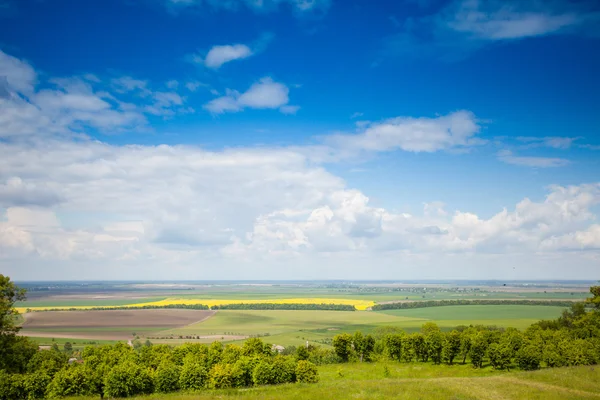 Nature estivale avec vallée, forêt et ciel nuageux — Photo