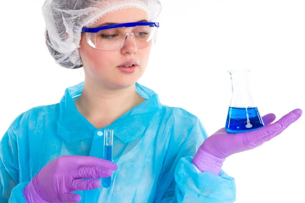 The woman with a flask and tube — Stock Photo, Image