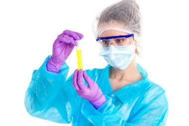 With a yellow tube is woman