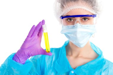 With a yellow tube is woman