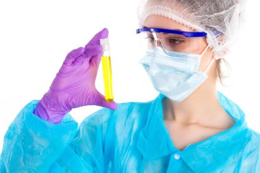 With a yellow tube is woman
