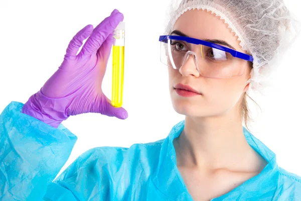 With a yellow tube is woman — Stock Photo, Image