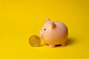Kripto para birimi Bitcoin, mali devrimin sembolü olarak domuz para kutusunun yanında.