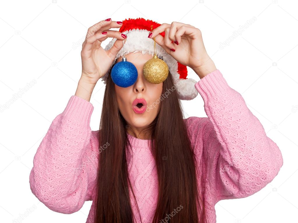 Model with christmas balls on eyes