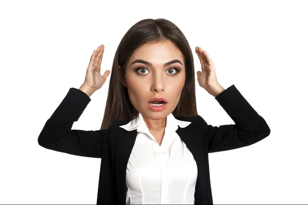 Model in suit holding her head — Stock Photo, Image